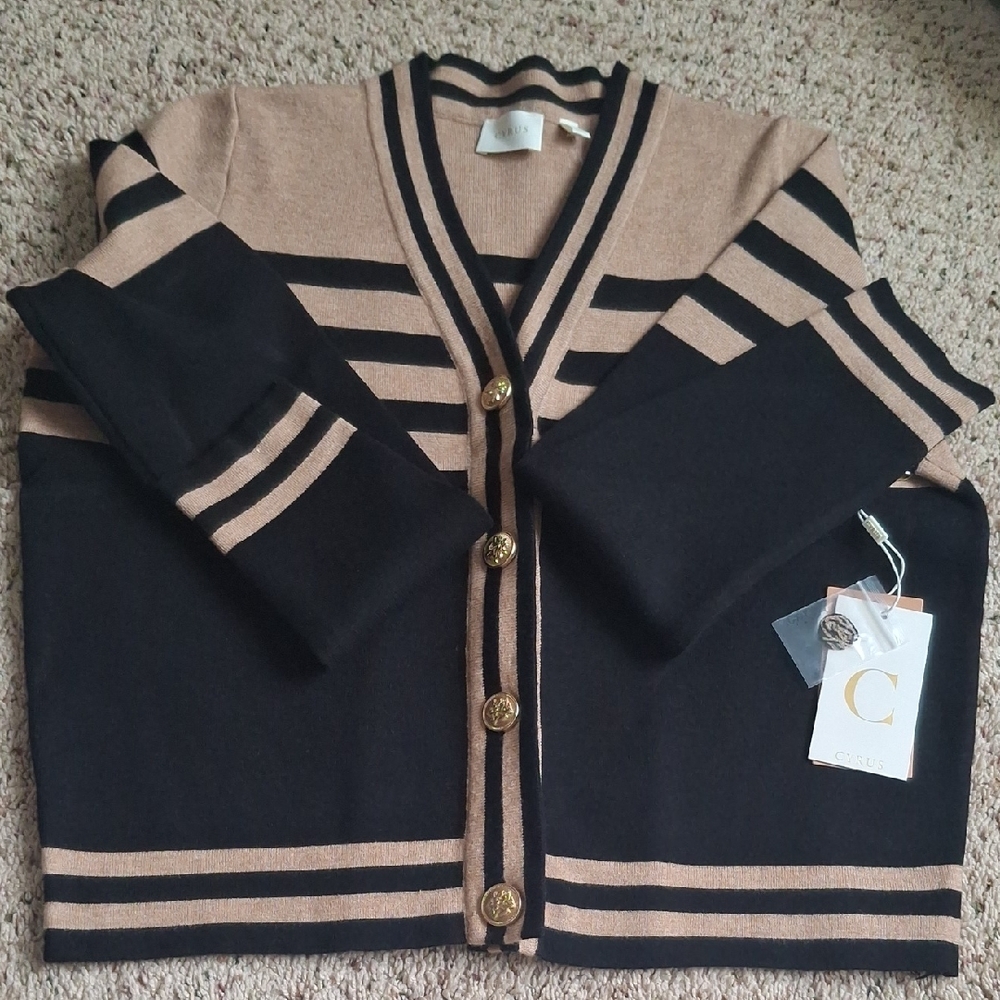 Chic Black and Tan Striped Cardigan